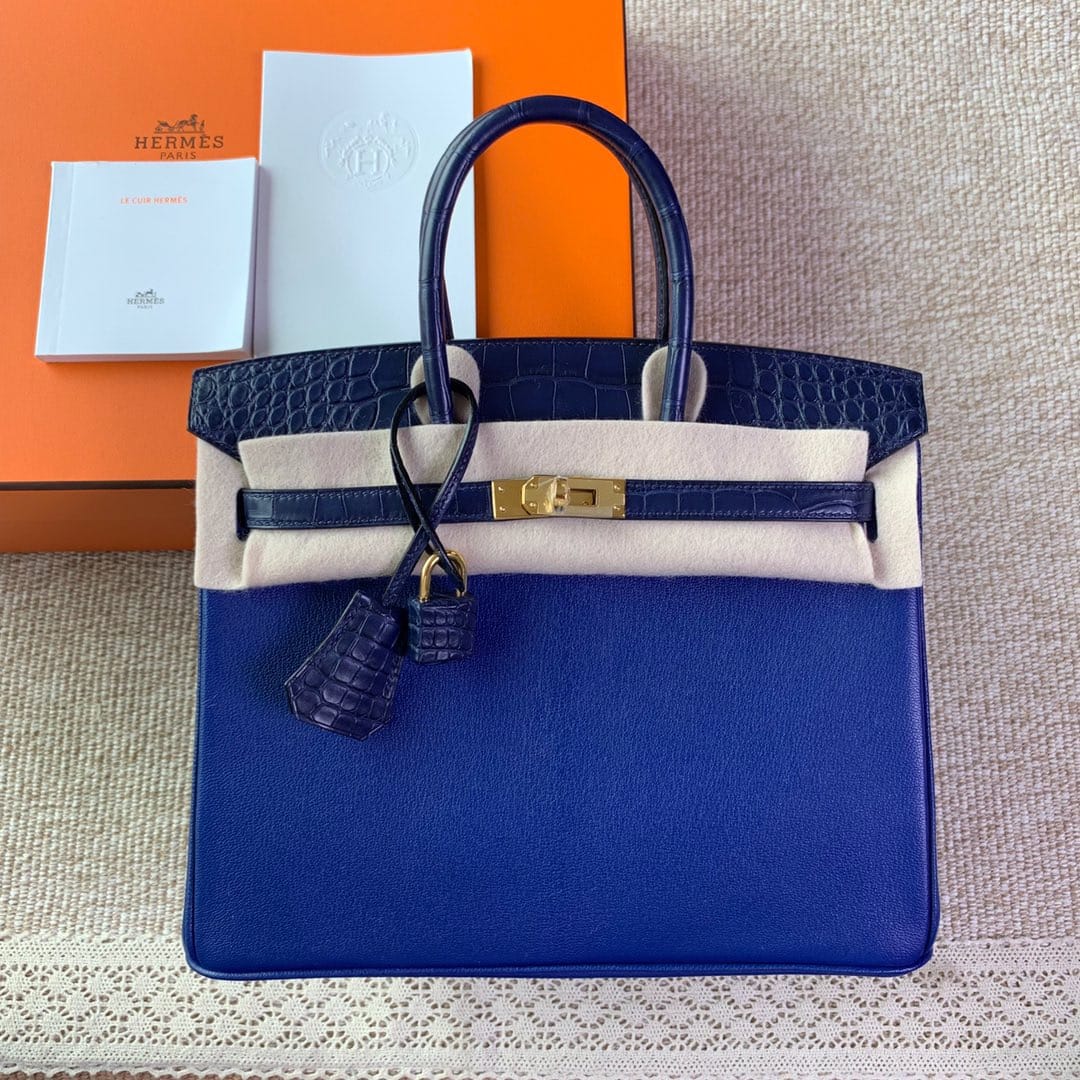 Hermès Birkin 25 Bleu Electric Evercolor and Matte Alligator Touch Leather Handbag Gold Hardware