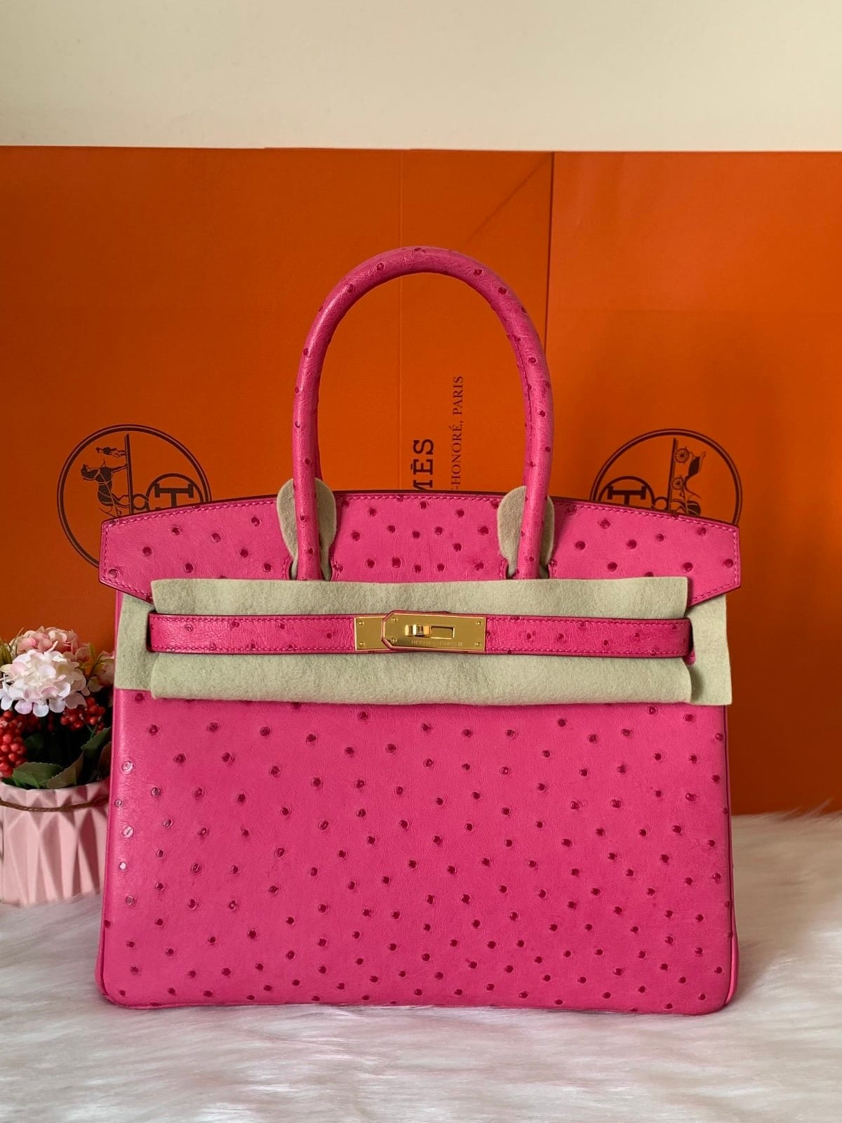 Hermès Birkin 30 Rose Pourpre Ostrich Leather Handbag Gold Hardware